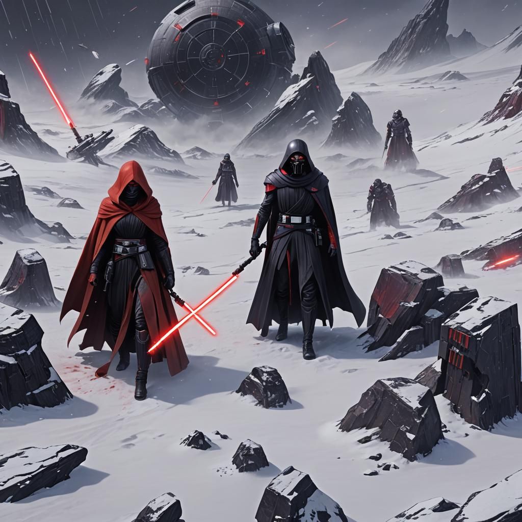 Sith Master and Apprentice on Snowy Planet in 3D Anime Style