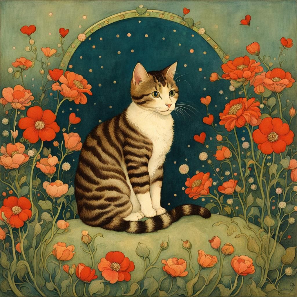 Cat with Flowers in Art Nouveau Style