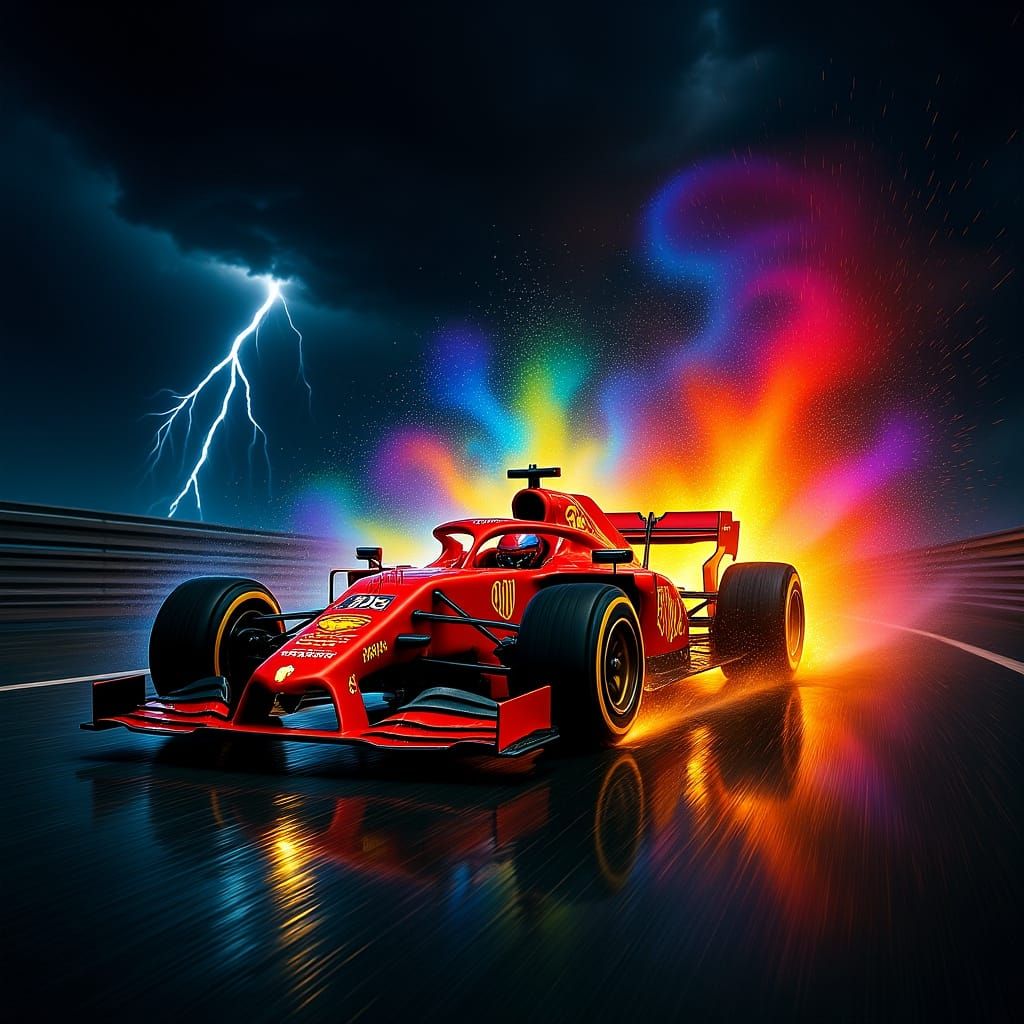 Red Formula 1 Car Speeds on Wet Racetrack