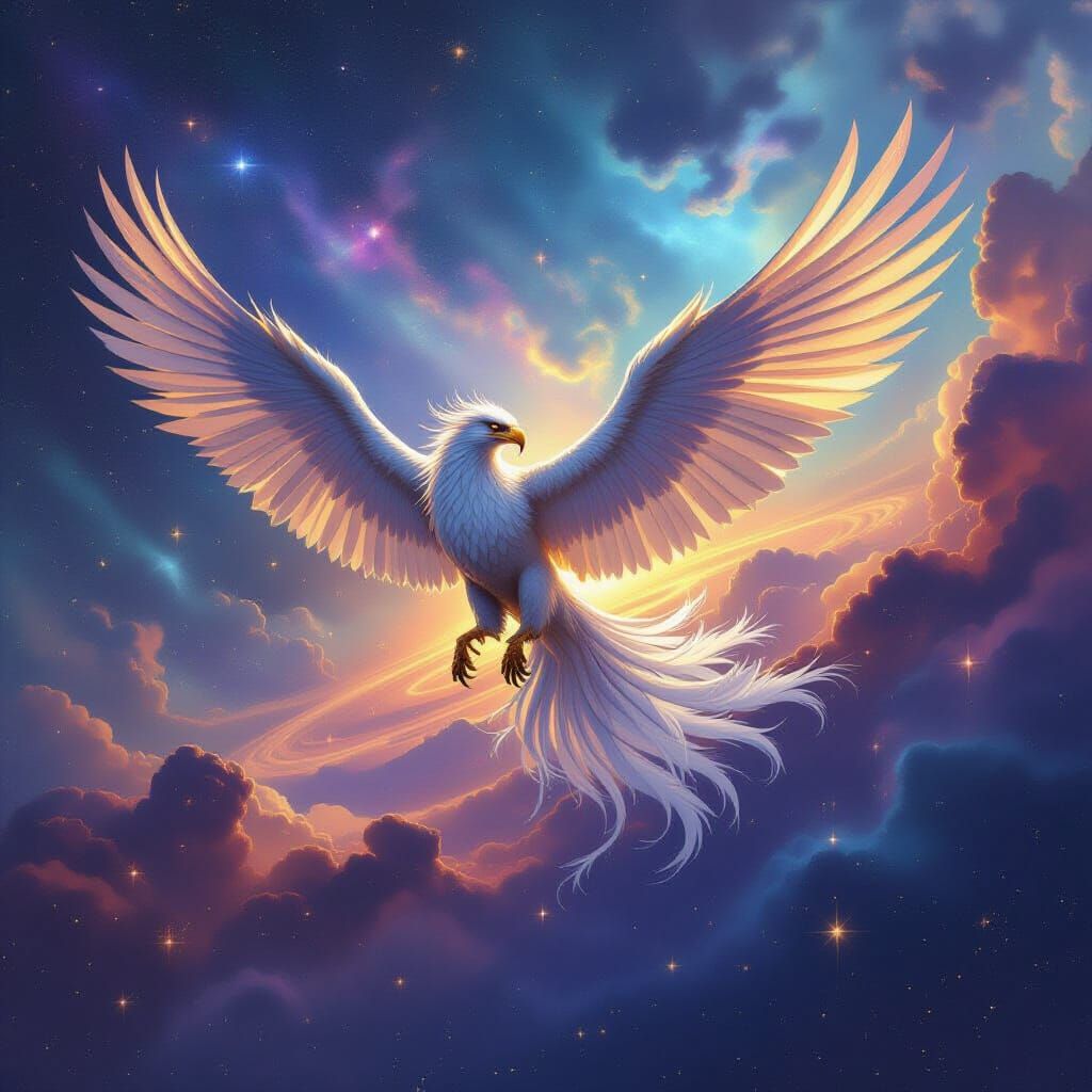 Majestic Griffin Soars Through Cosmic Nebula Sky