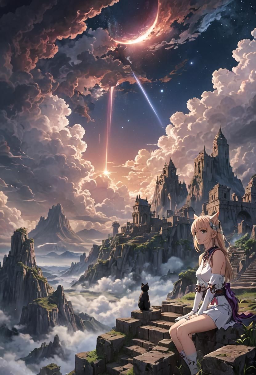 Anime Key Visual of Anthropomorphic Cat Overlooking Ruins