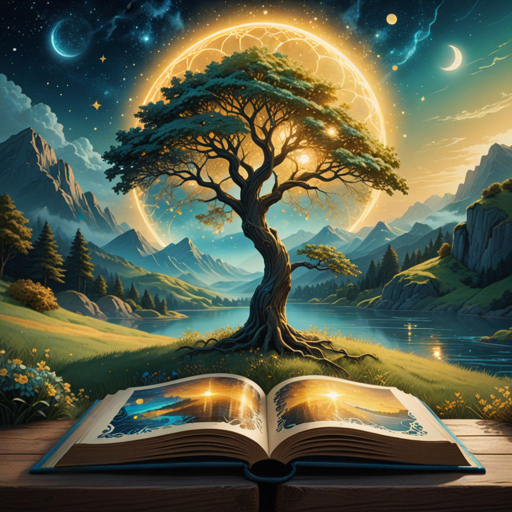 Golden Magic Book Under Celestial Moonlight