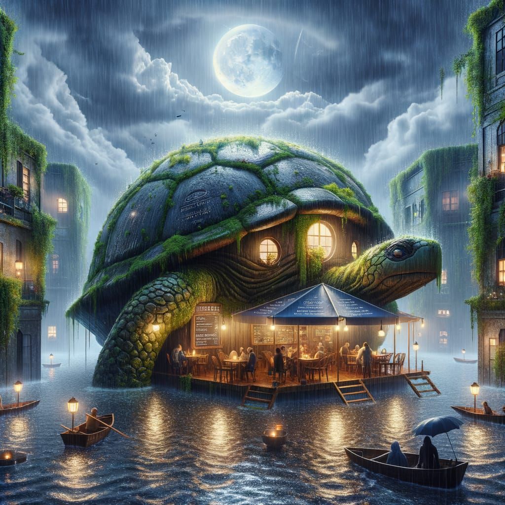 Café on Giant Turtle in Flooded City at Midnight