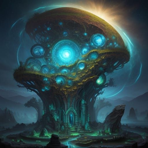 Divine Power Vortex in Ancient Ruins: Cosmic Surrealism