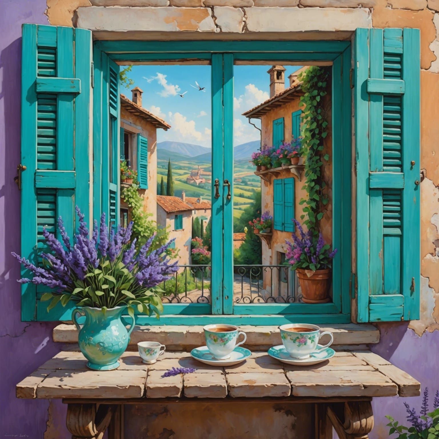 Charming Village Scene with Open Window: Oil Painting