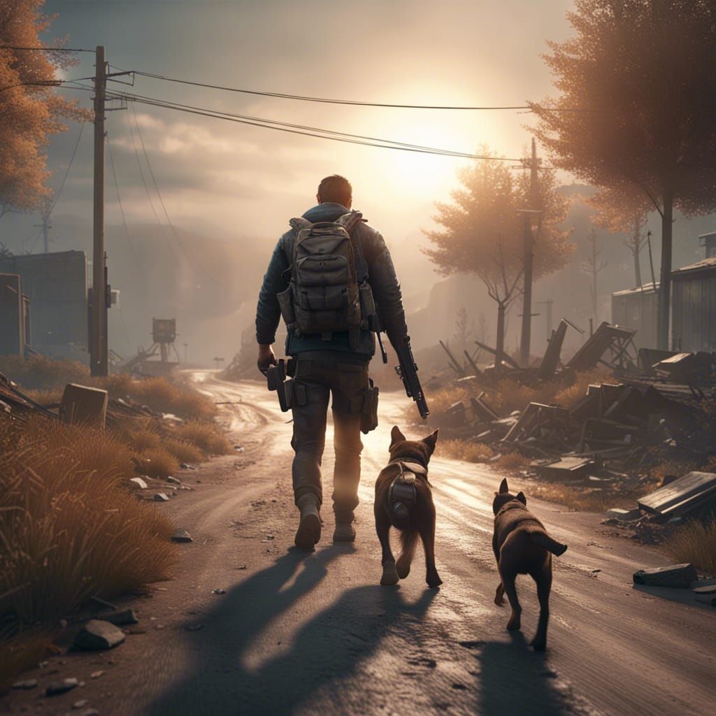 Apocalyptic Wanderer and Dog: Cinematic 3D Art