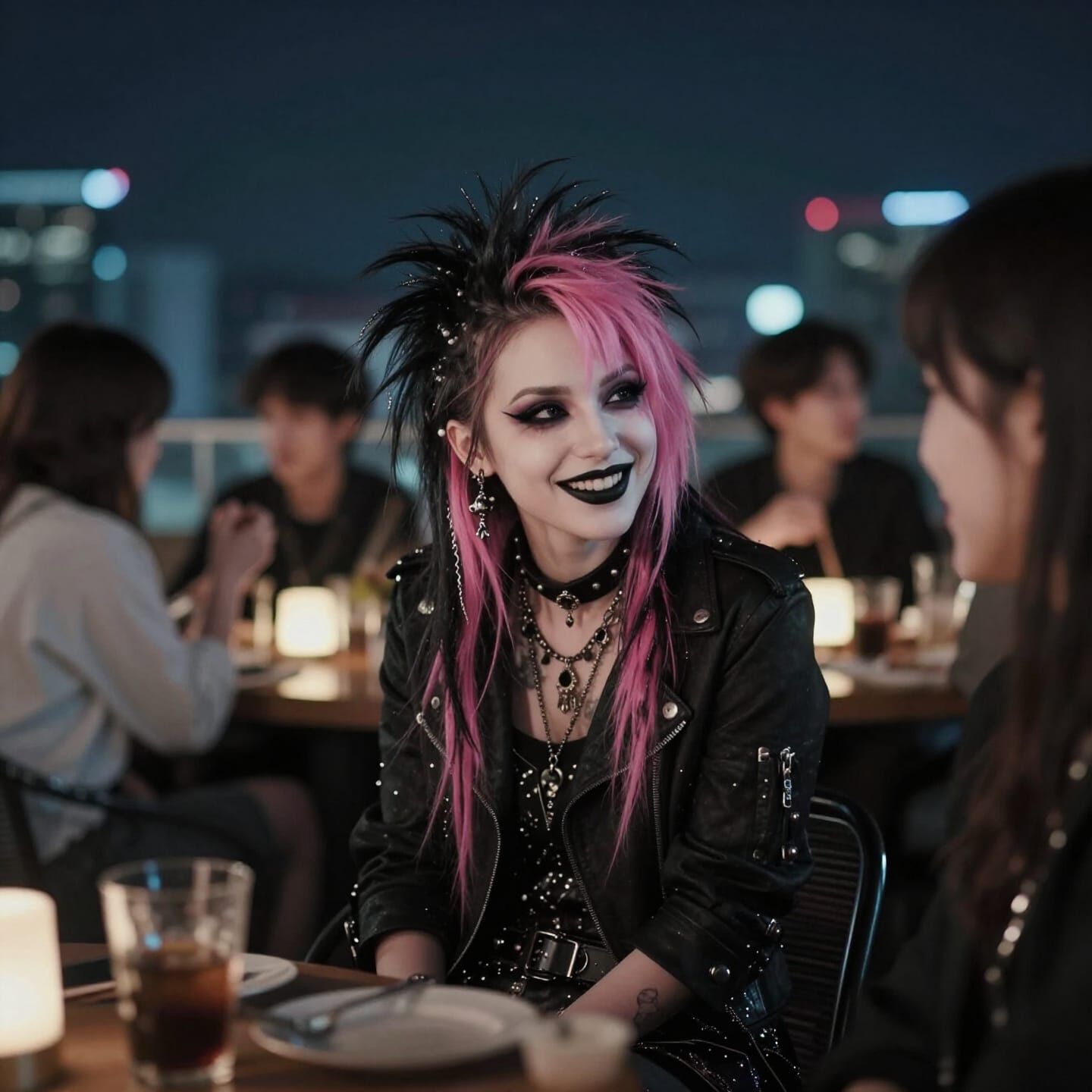 Punk Girl with Pink Hair on Rooftop at Night