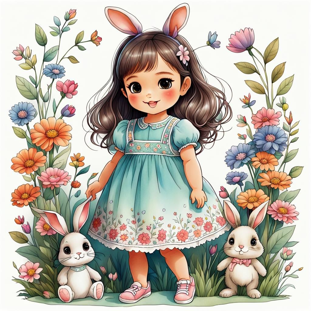 Cute Anime Girl with Bunny in Sarah Kay Style