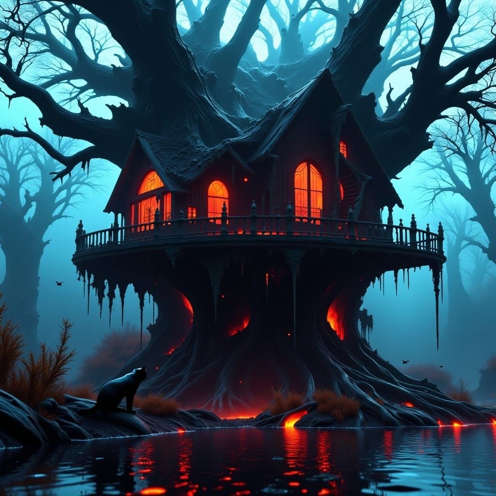 Gothic Haunted Treehouse with Black Cat