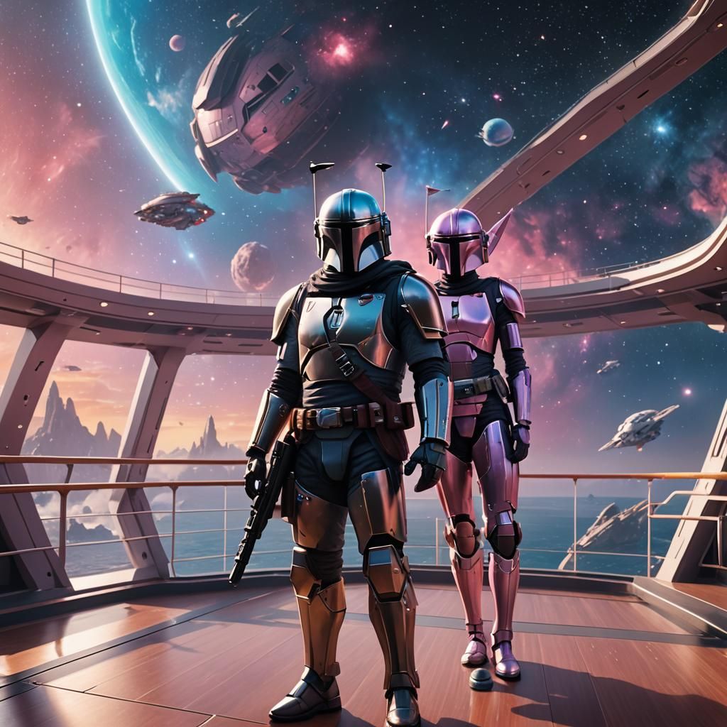Mandalorian and Grogu on a Galactic Cruise: Anime Style