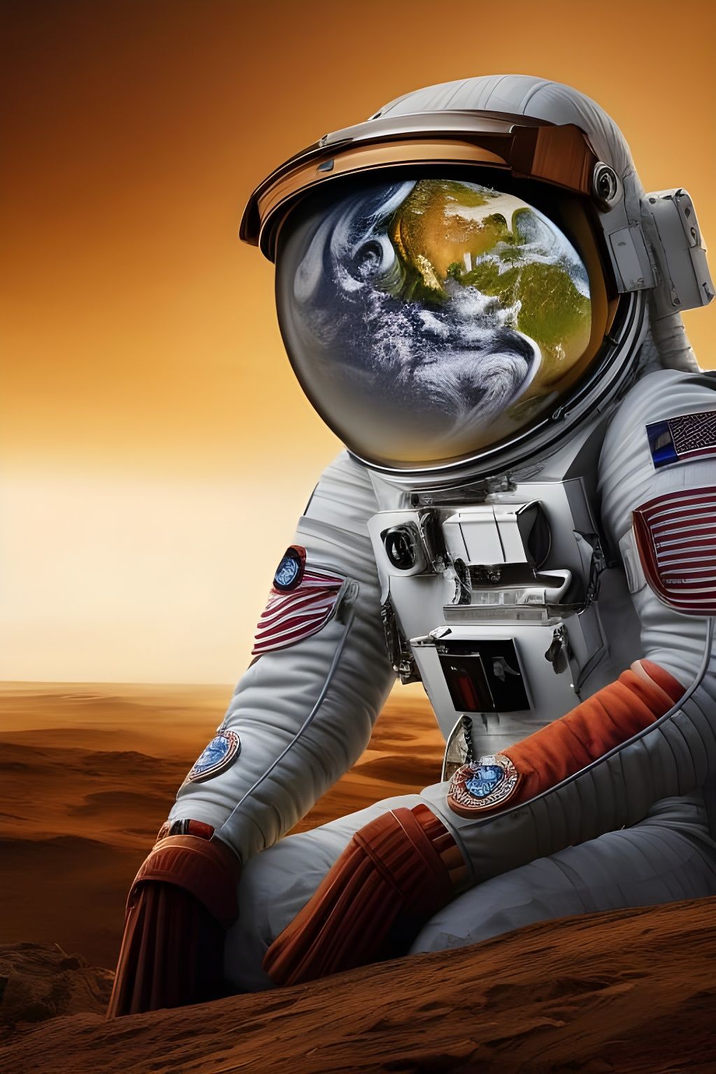 Astronaut on Mars Reflects Earth: Digital Illustration