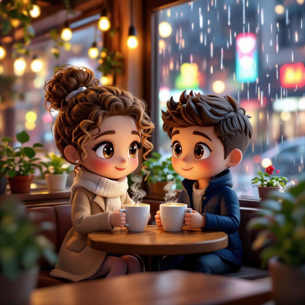 Cozy Cafe Diorama: Chibi Couple Sipping Hot Chocolate