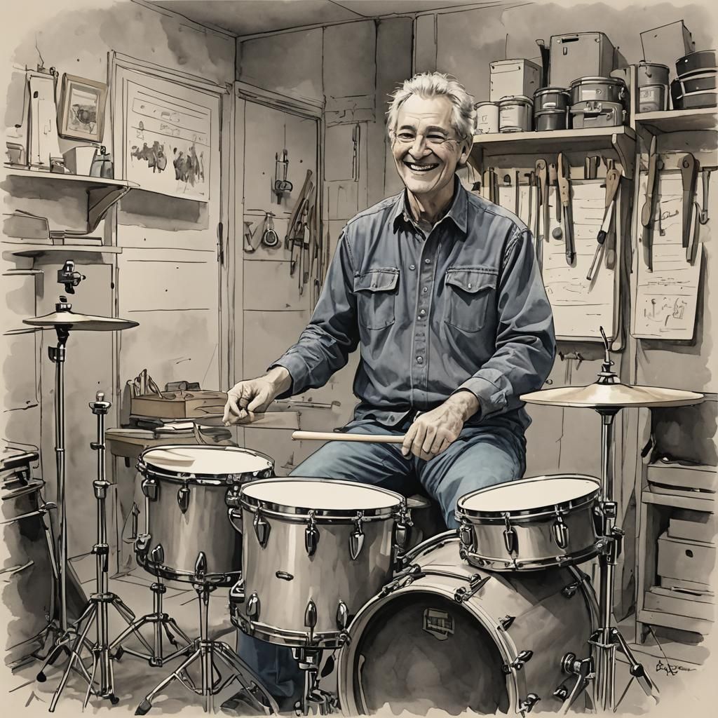 Happy Grey-Haired Father Drummer Sketch