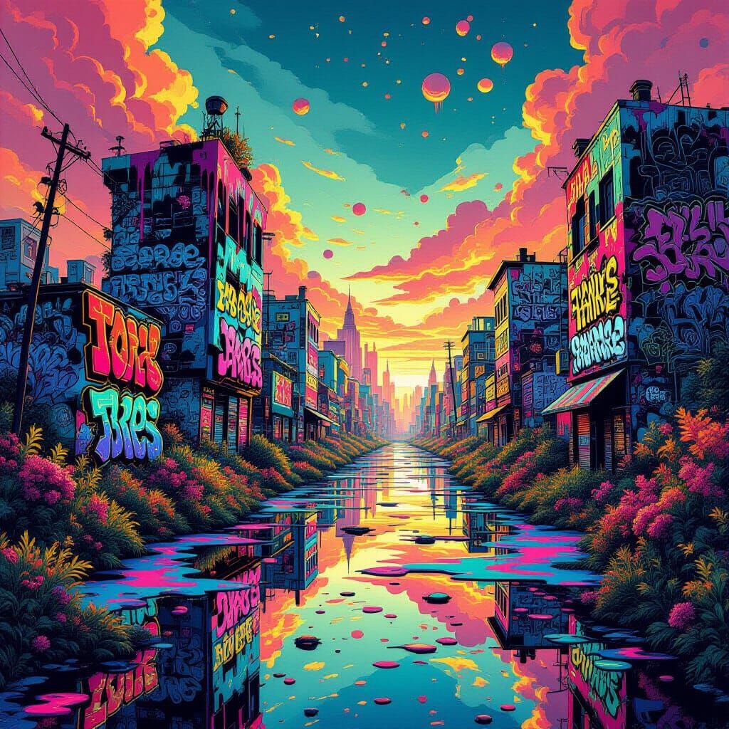 Psychedelic Landscape with Melting Buildings and Flora