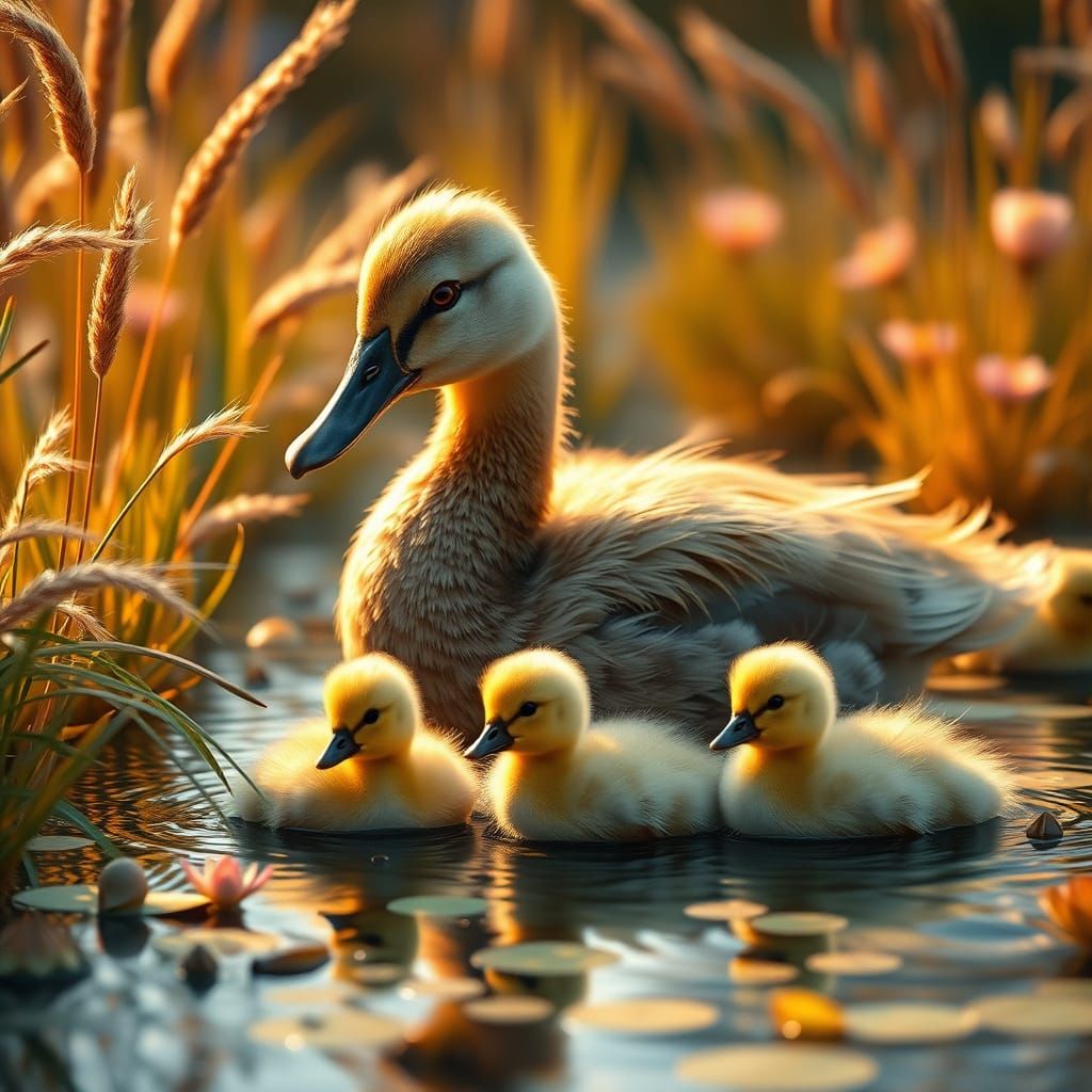 Duck Mommy and Her Whimsical Wetland Brood in Dreamlike Fant...