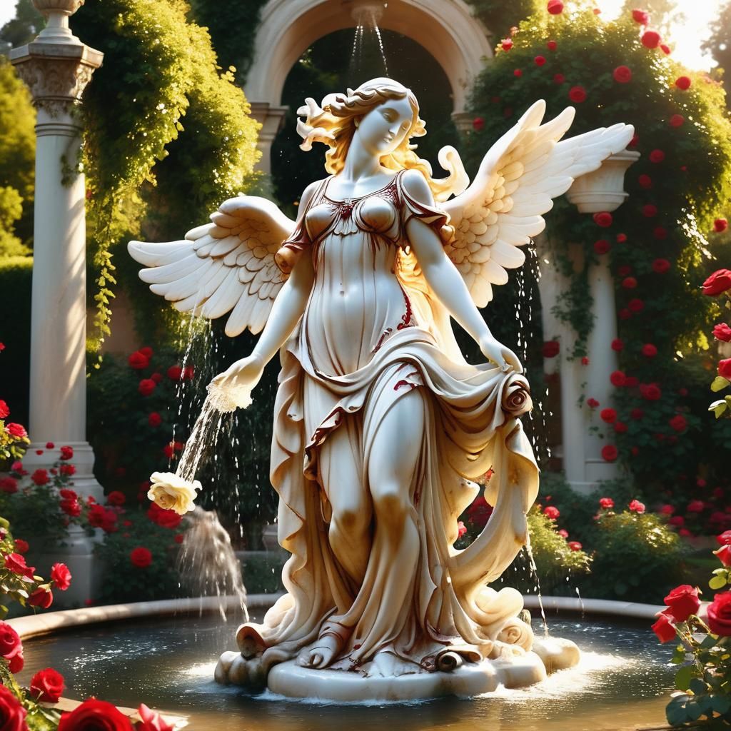 Angel Statue in Red Rose Garden, Impressionist Style