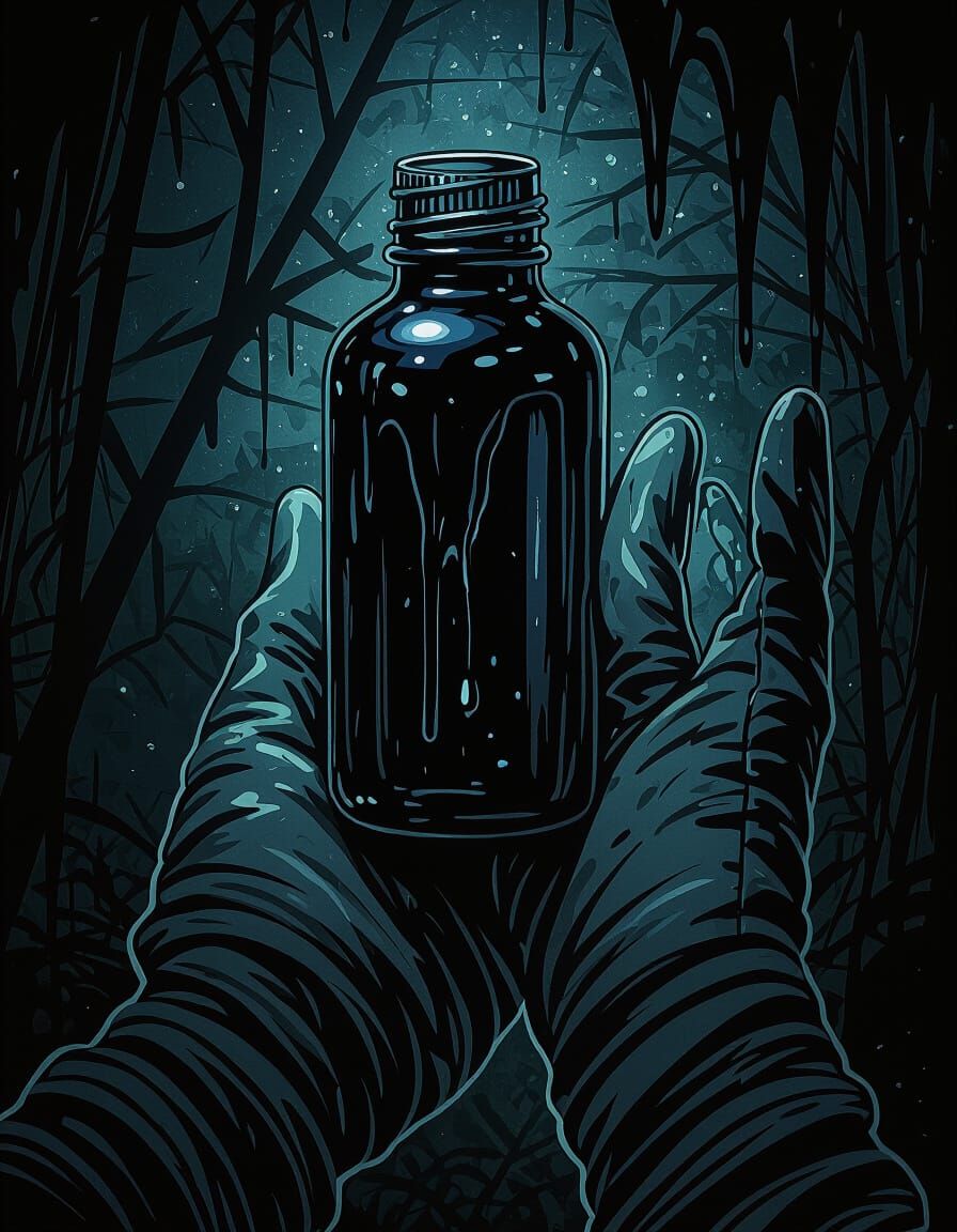 Gloved Hand Holding Glowing Paint Bottle