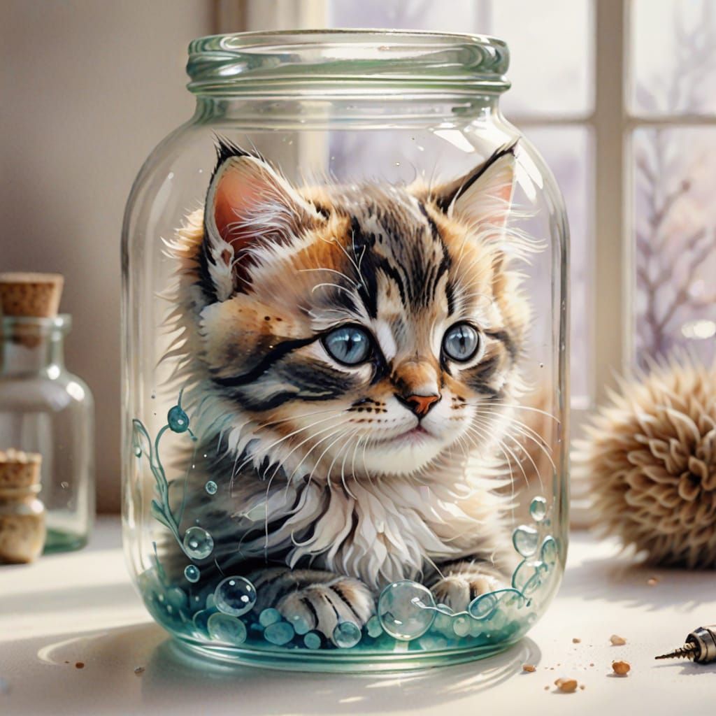 Cute Fluffy Kitten Sleeping in Glass Bottle - Watercolor Art