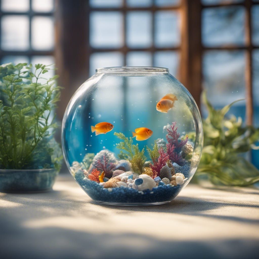 A round glass bowl, with pretty tropical fish.