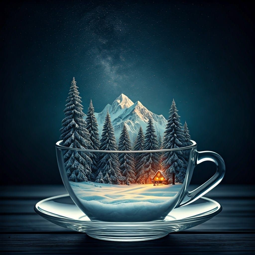 Miniature Snowy Mountain in Teacup, Surreal Scene