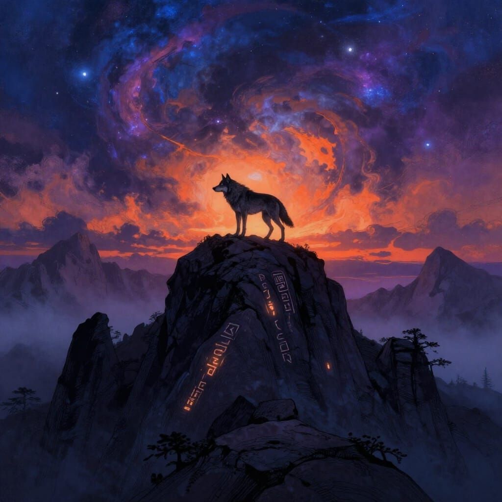 Lone Wolf on Misty Peak Under Cosmic Twilight Sky