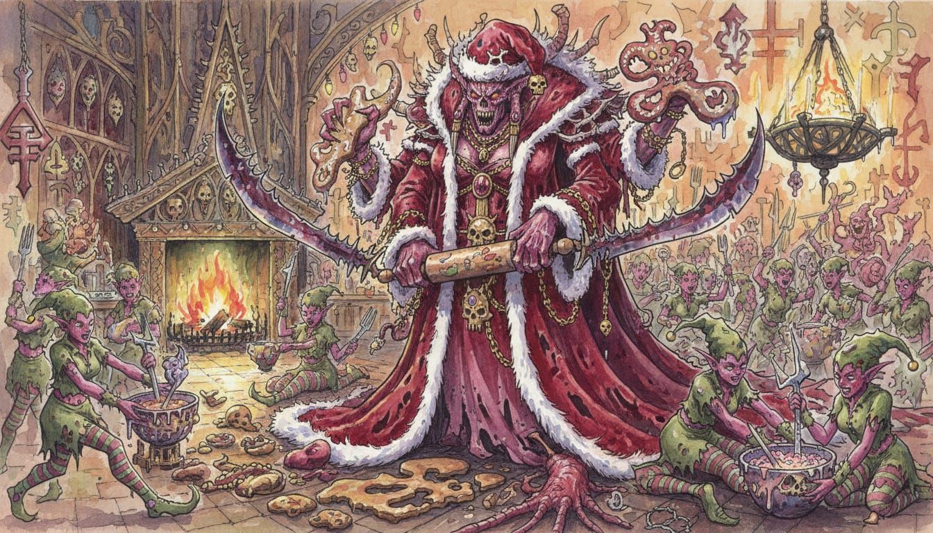 Daemon Mrs. Claus Bakes with Elven Servants