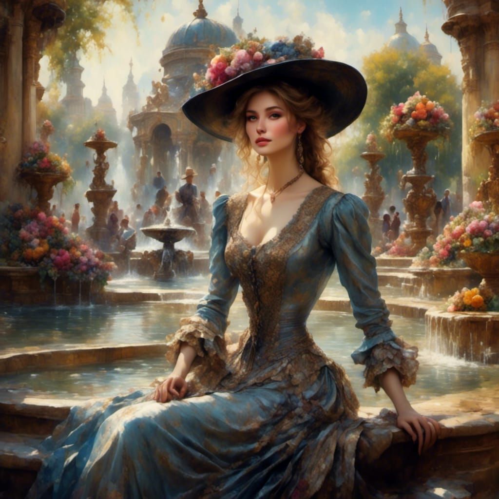Victorian Woman with Flowers at Fountain, Hyperrealistic