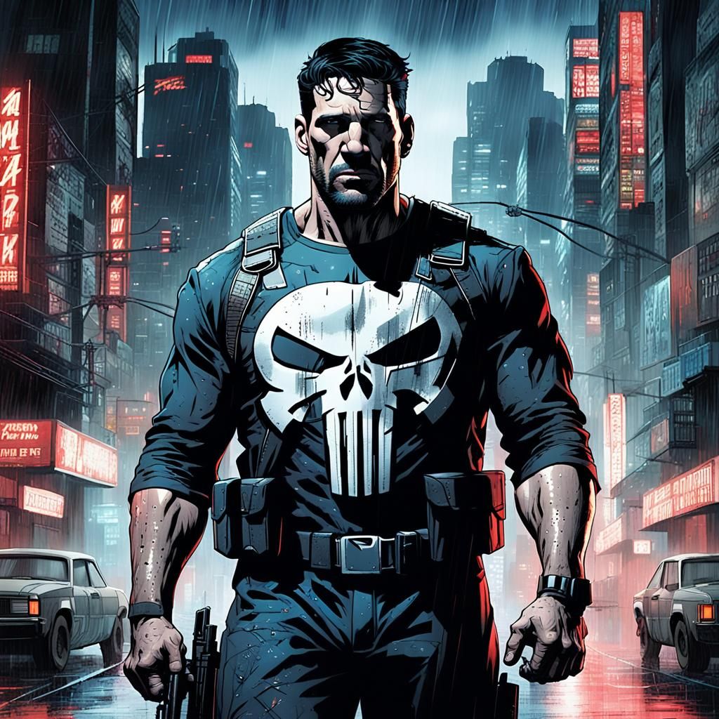 Punisher in Gritty Cityscape Comic Book Art