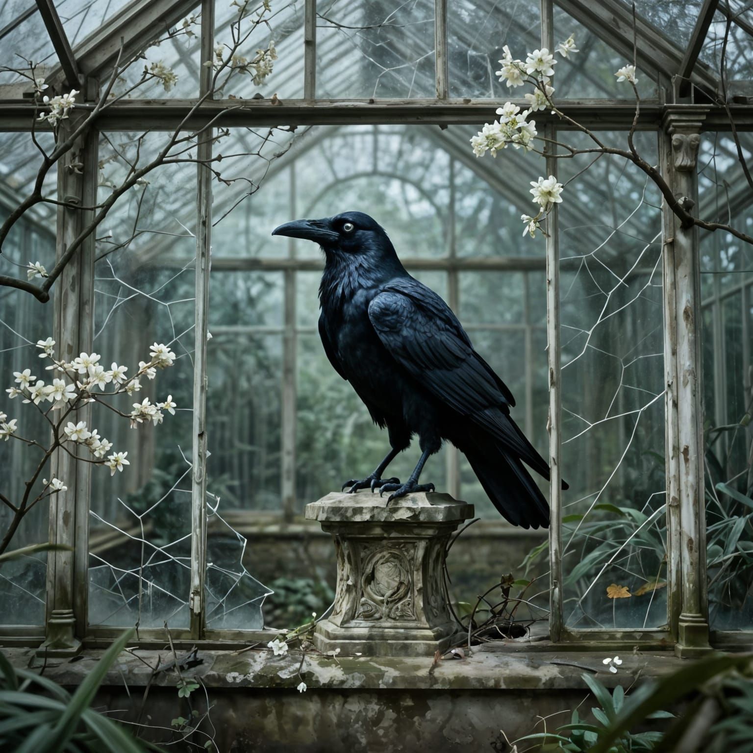Ancient Raven in Overgrown Victorian Greenhouse