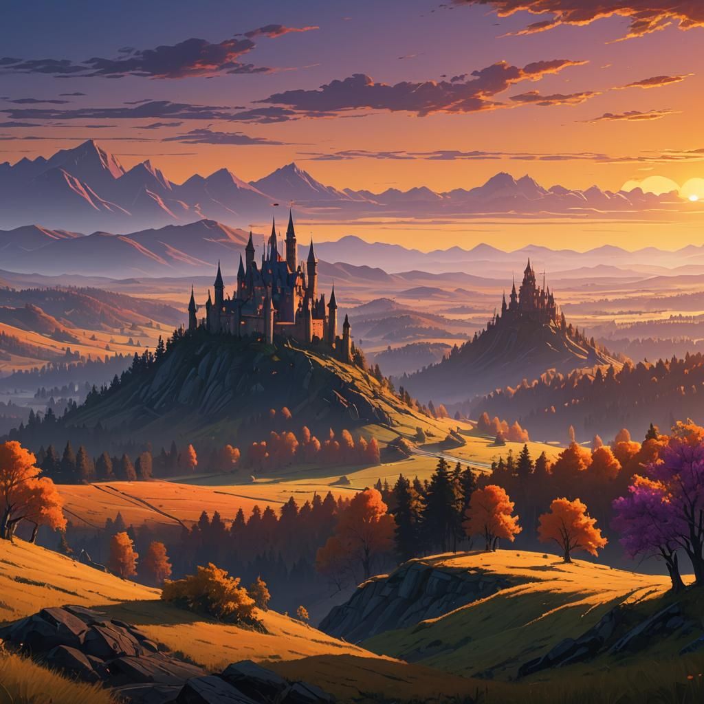 Mystical Castle Sunset: Fantasy Landscape Matte Painting