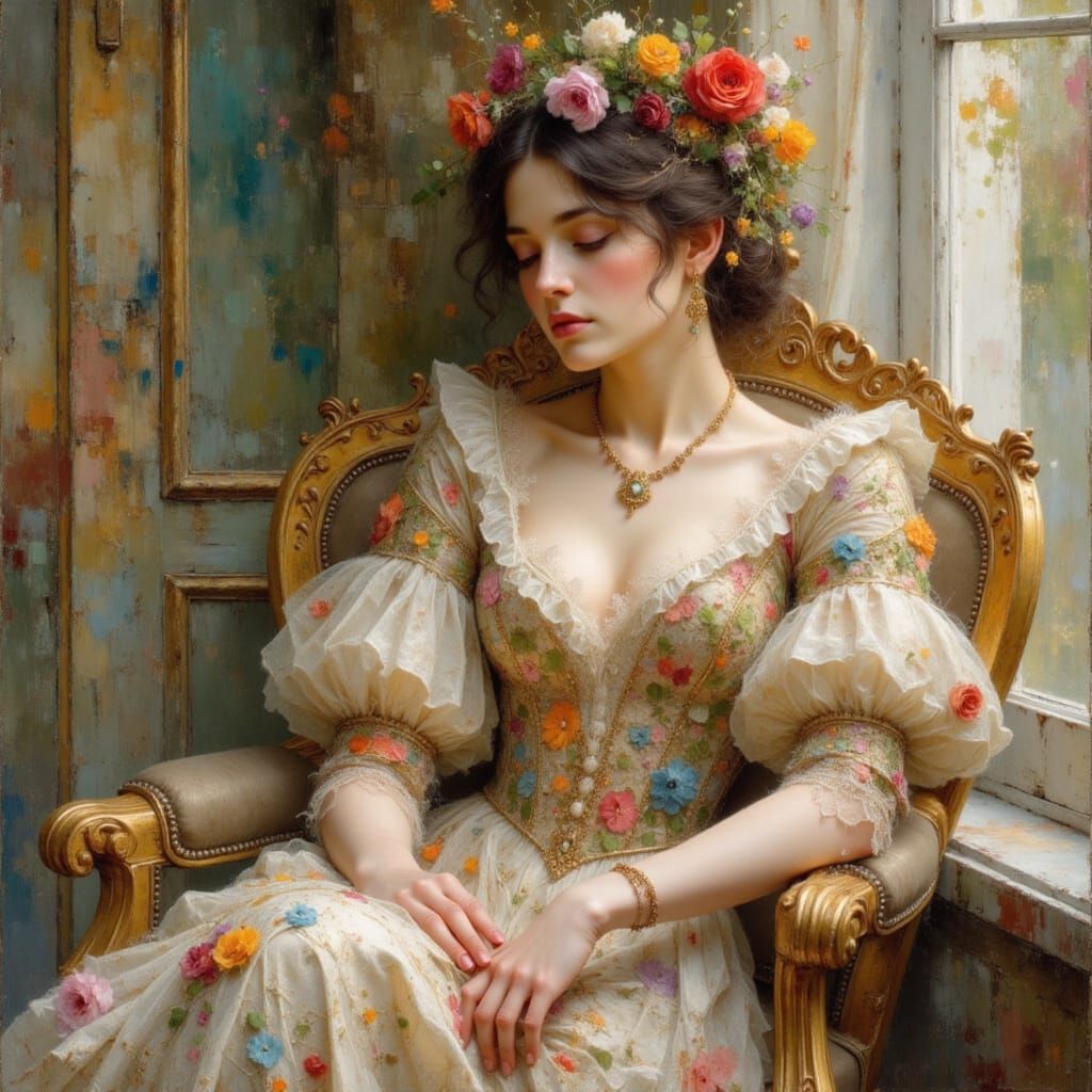 Victorian Lady in Chintz Gown, Earth-Tone Filigree