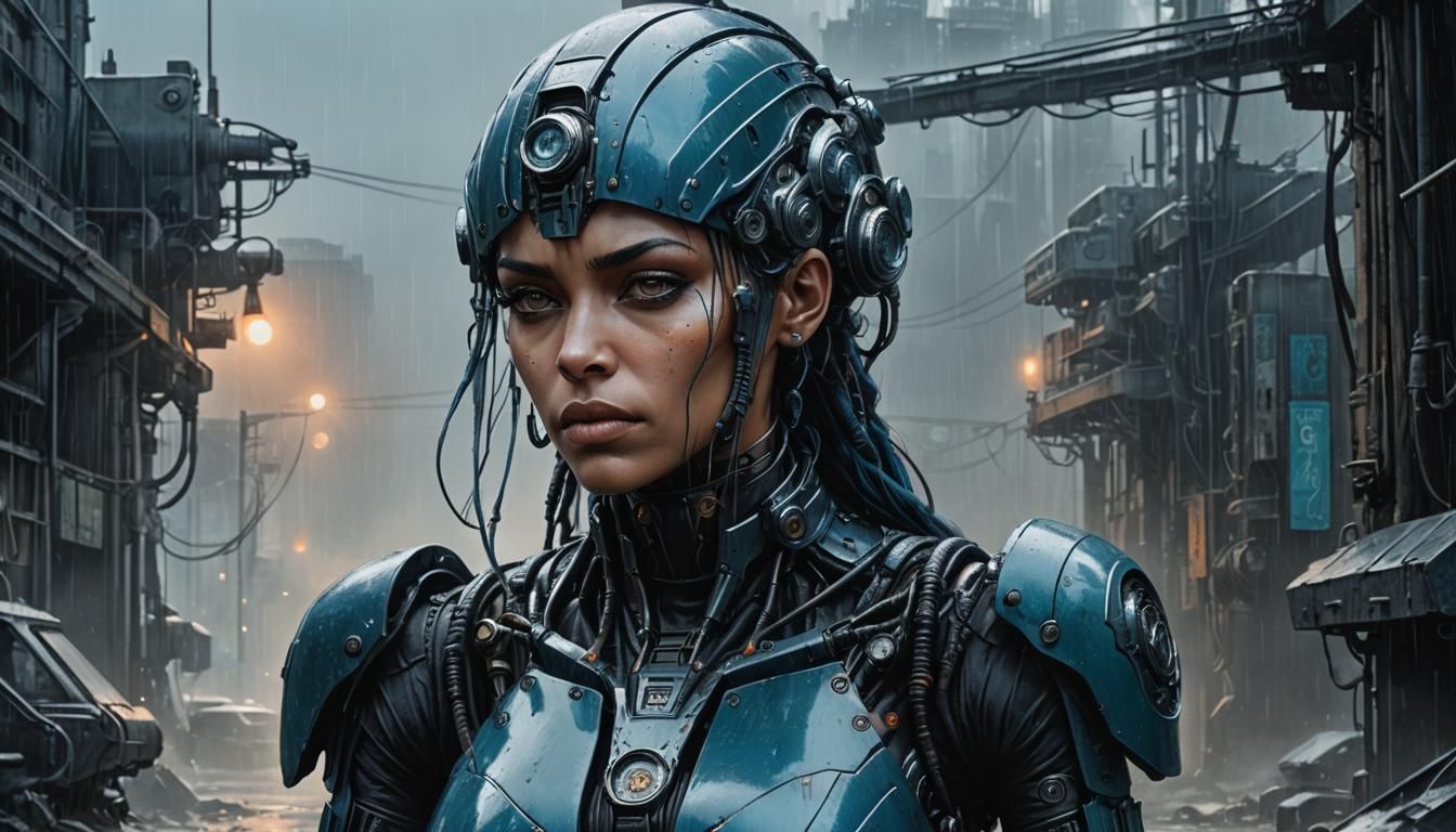 Detailed Blue Female Cyborg in Gritty Environment