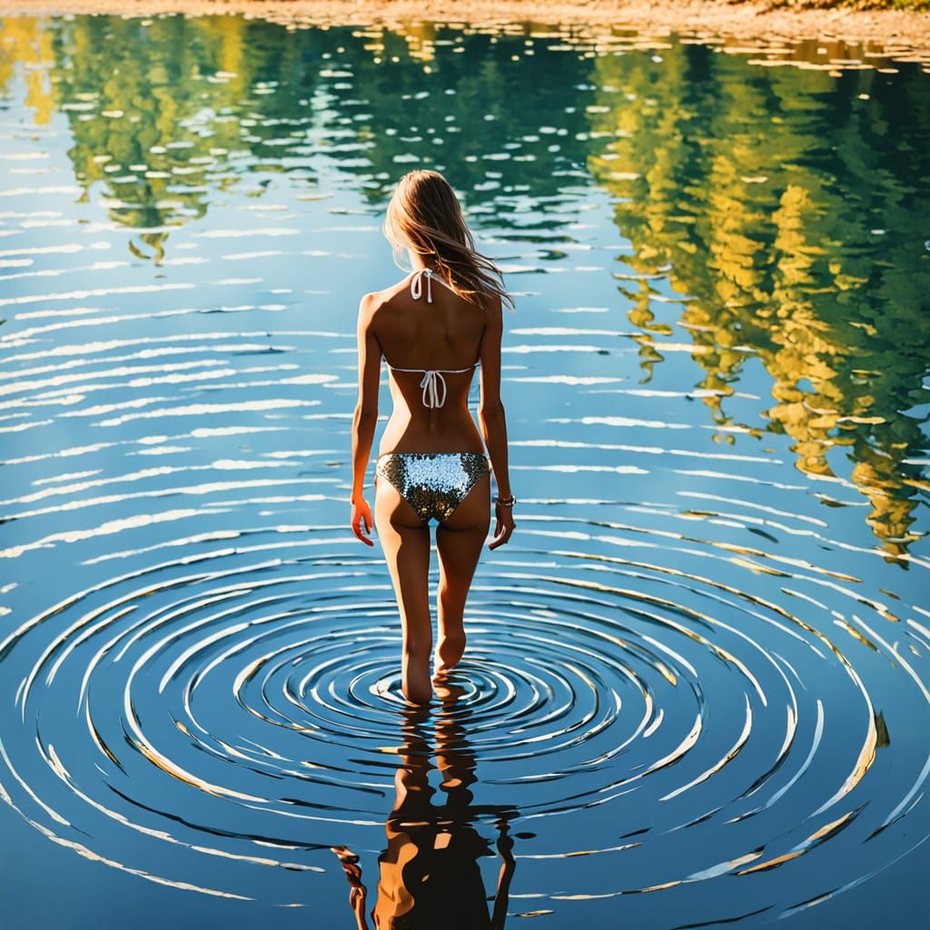 middle aged lady in the Lake Velence with sequin bikini