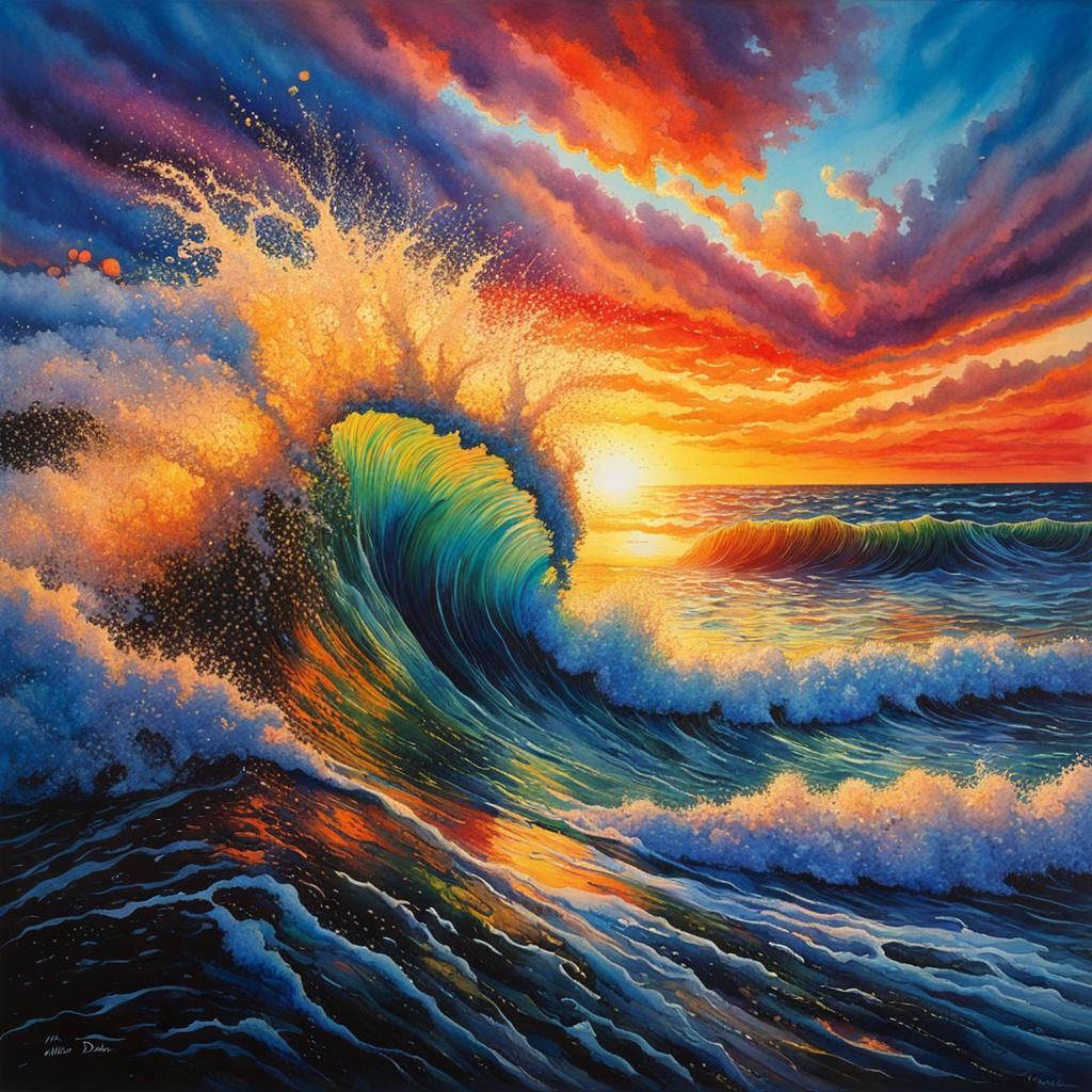 Epic Sunset Ocean Waves in Watercolor