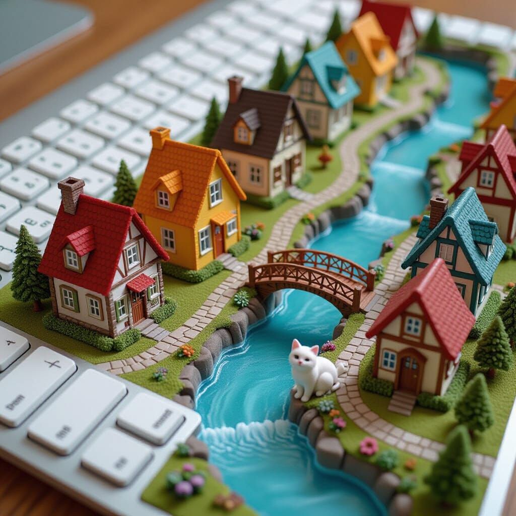 Fantasy Keyboard with Houses, Stream, Cat, and Bridge