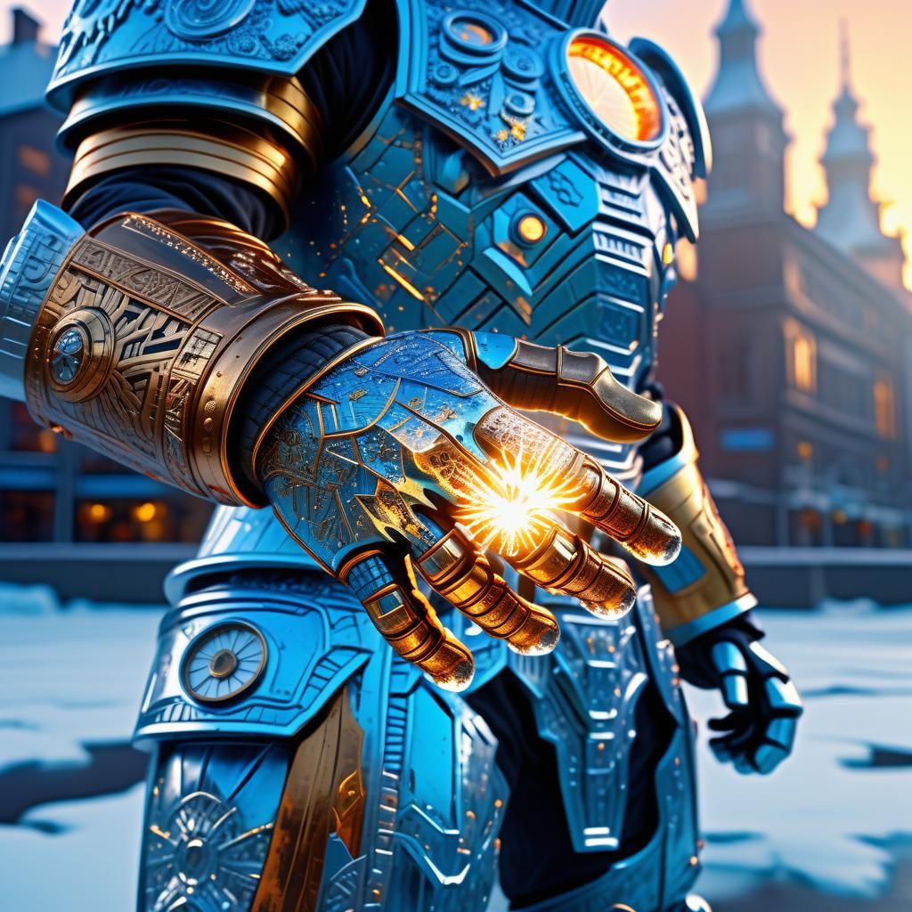 Icy Steampunk Figure with Fiery Hands in Cityscape