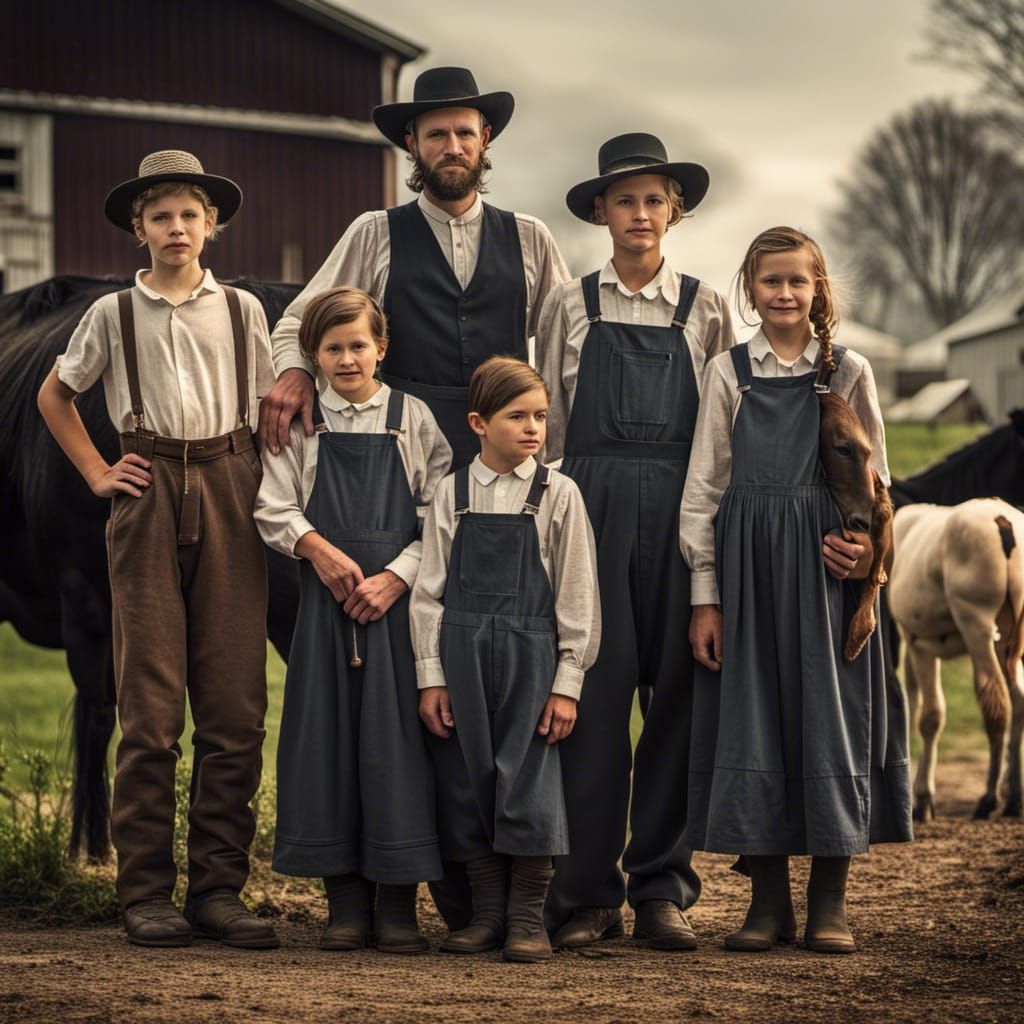 Classic Amish Family Portrait on Farm