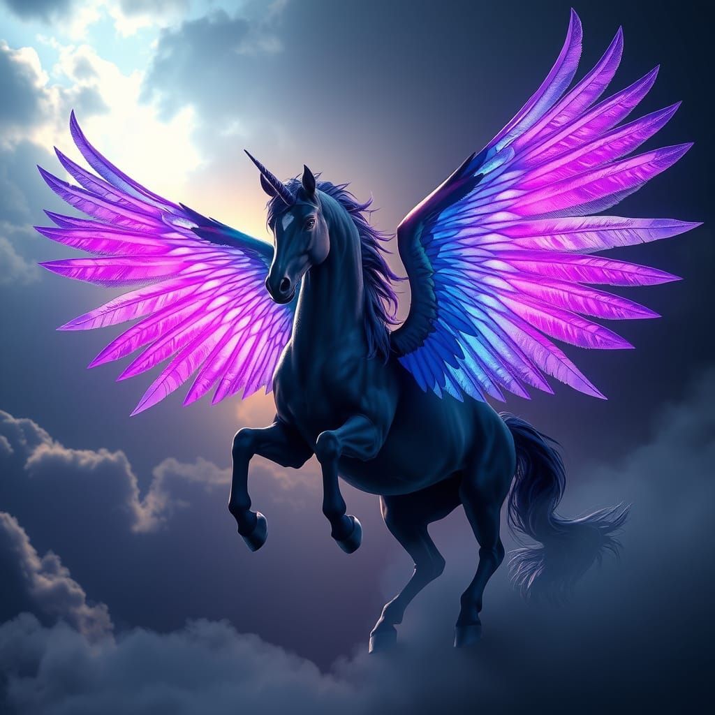 Majestic Black Unicorn Pegasus with Colorful Wings