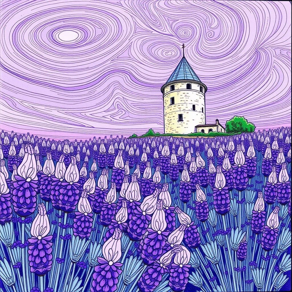 Lavender Field in Whimsical Ink Style