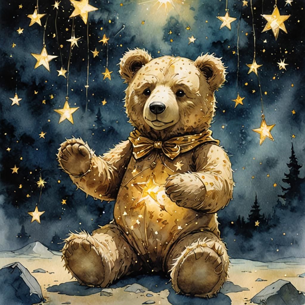 Mystical Golden Star Teddy Bear Watercolor Art