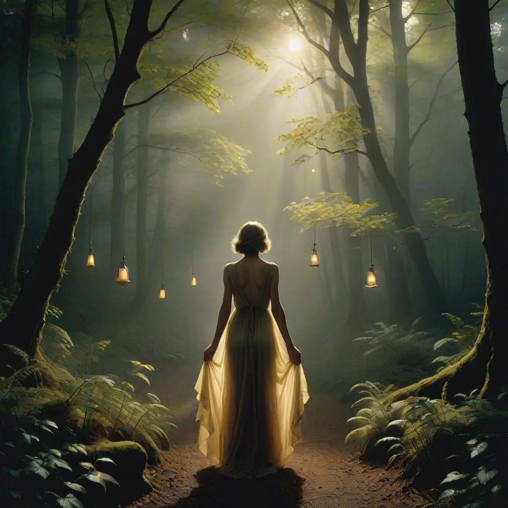 Mystical Woman Illuminated by Twinkling Forest Bells in a Go...