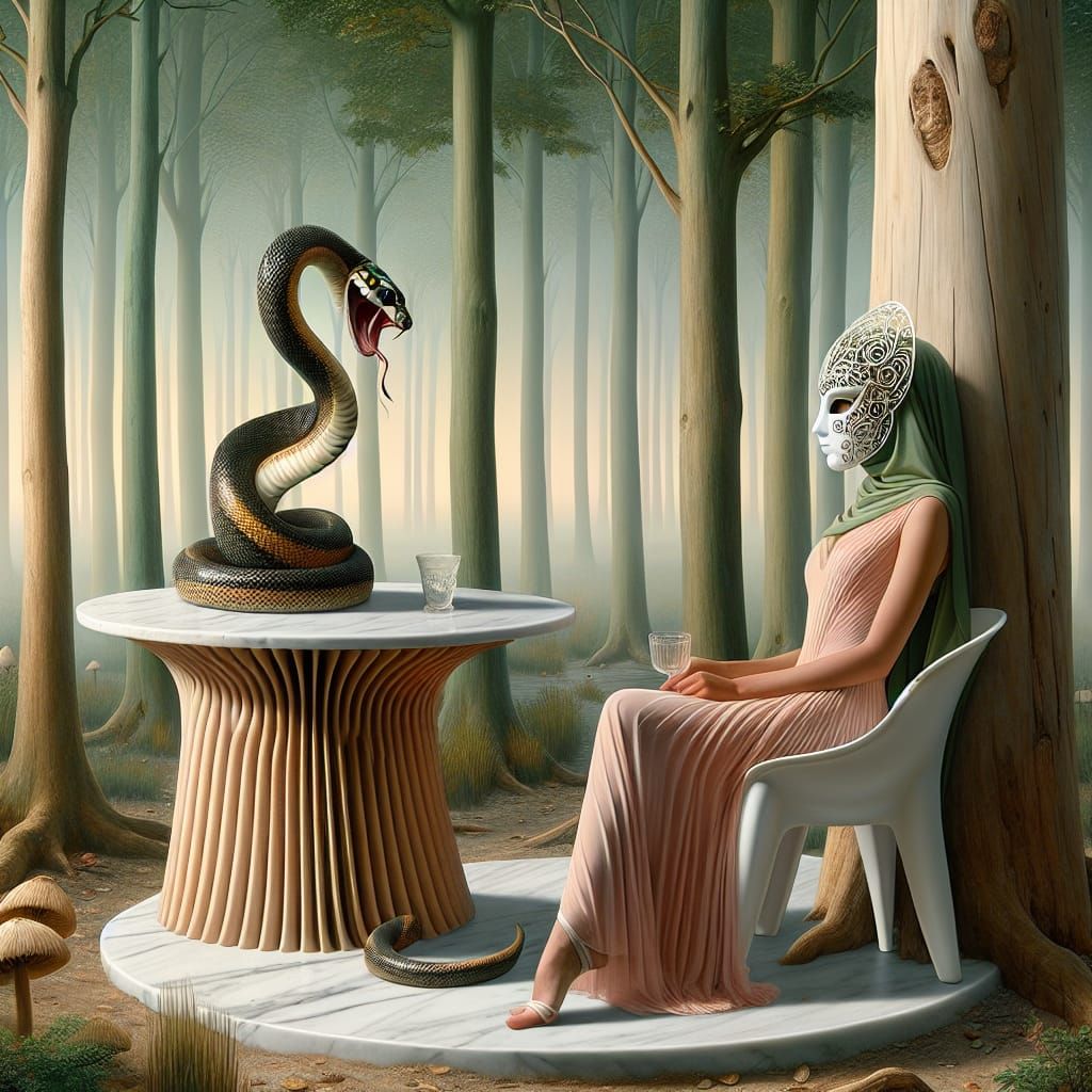 Woman in Mask in Forest Glade, Surreal Scene