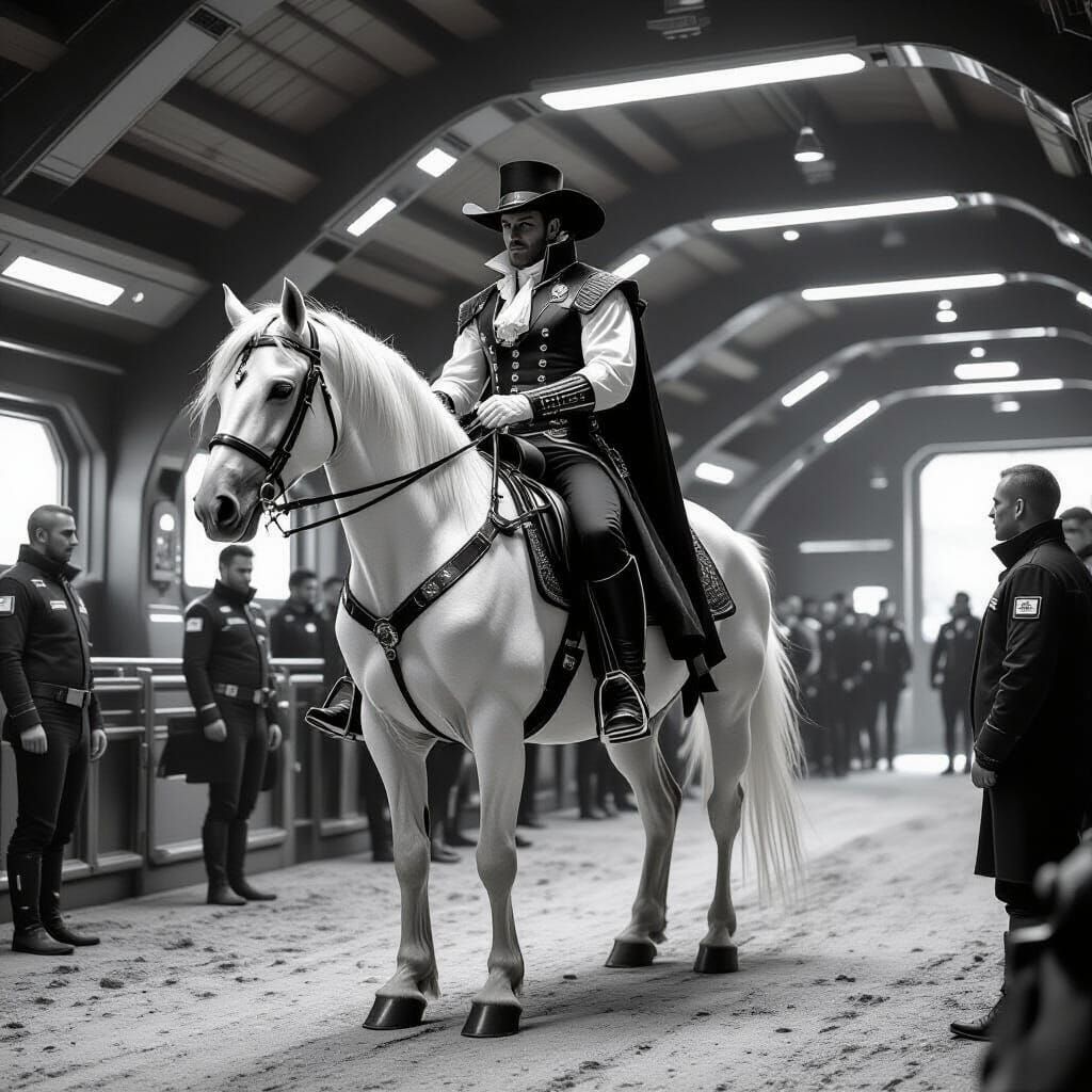 18th Century Rider Mounts Horse in Futuristic Stable