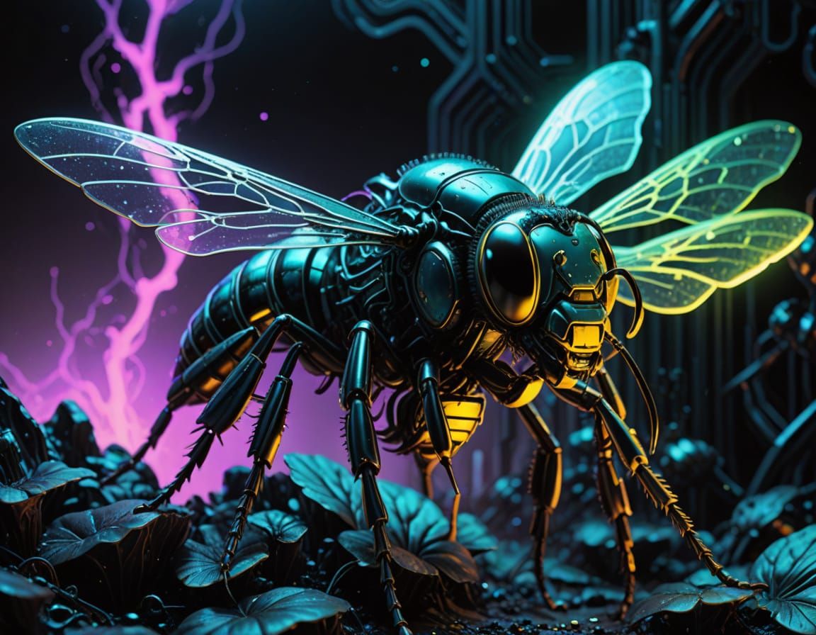 Biomechanical Bee in Neon Hues, Inspired by H.R. Giger