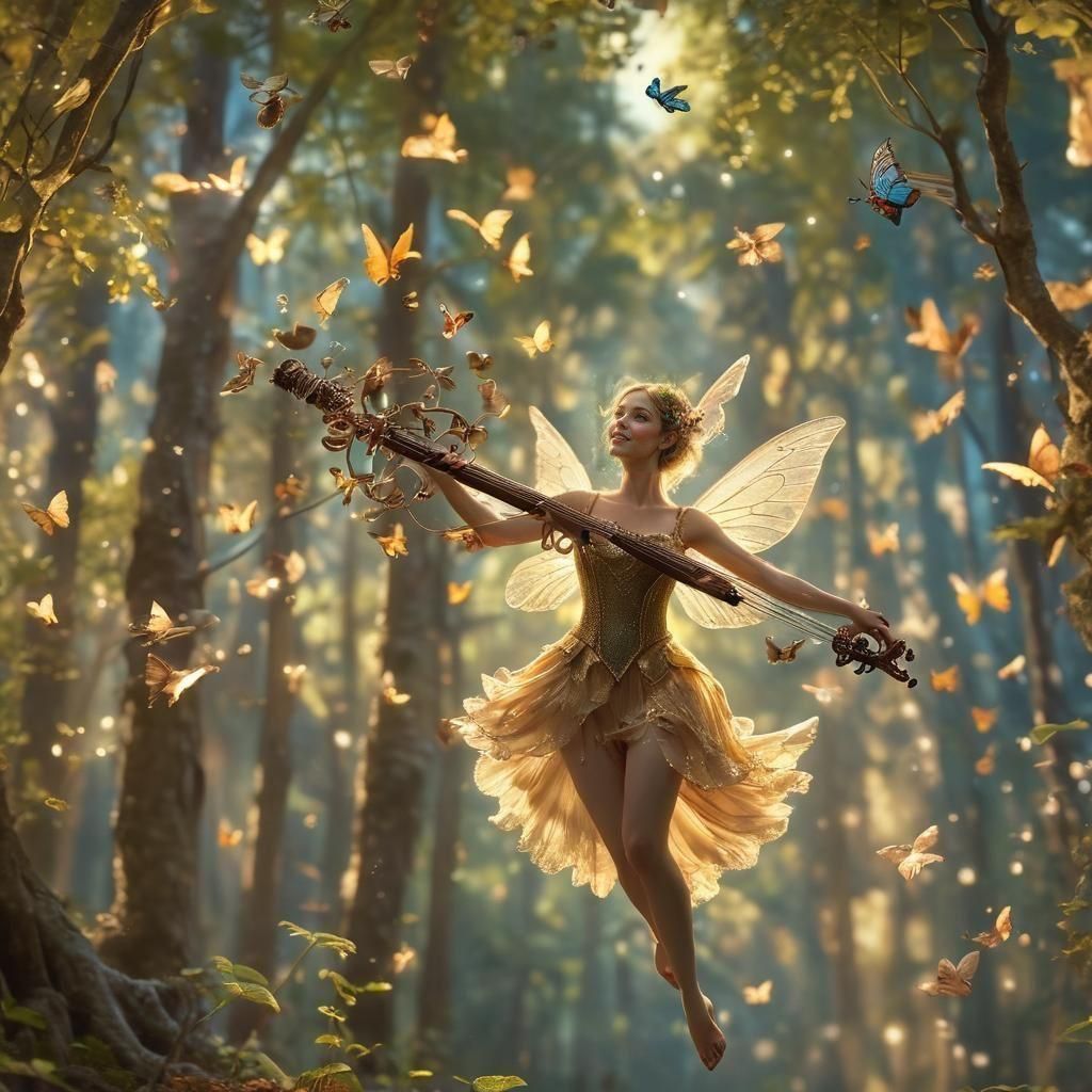 Tiny Fairy Soars High with Lyre in Enchanted Forest