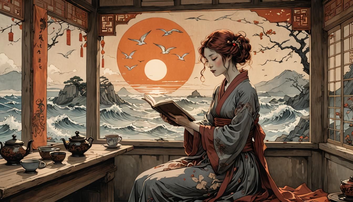 Woman Weaving a Spell in Japanese Tea House