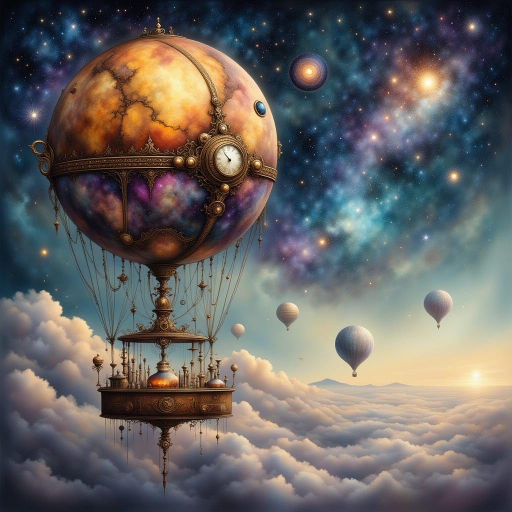 Steampunk Hot Air Balloon in Nebula Sky