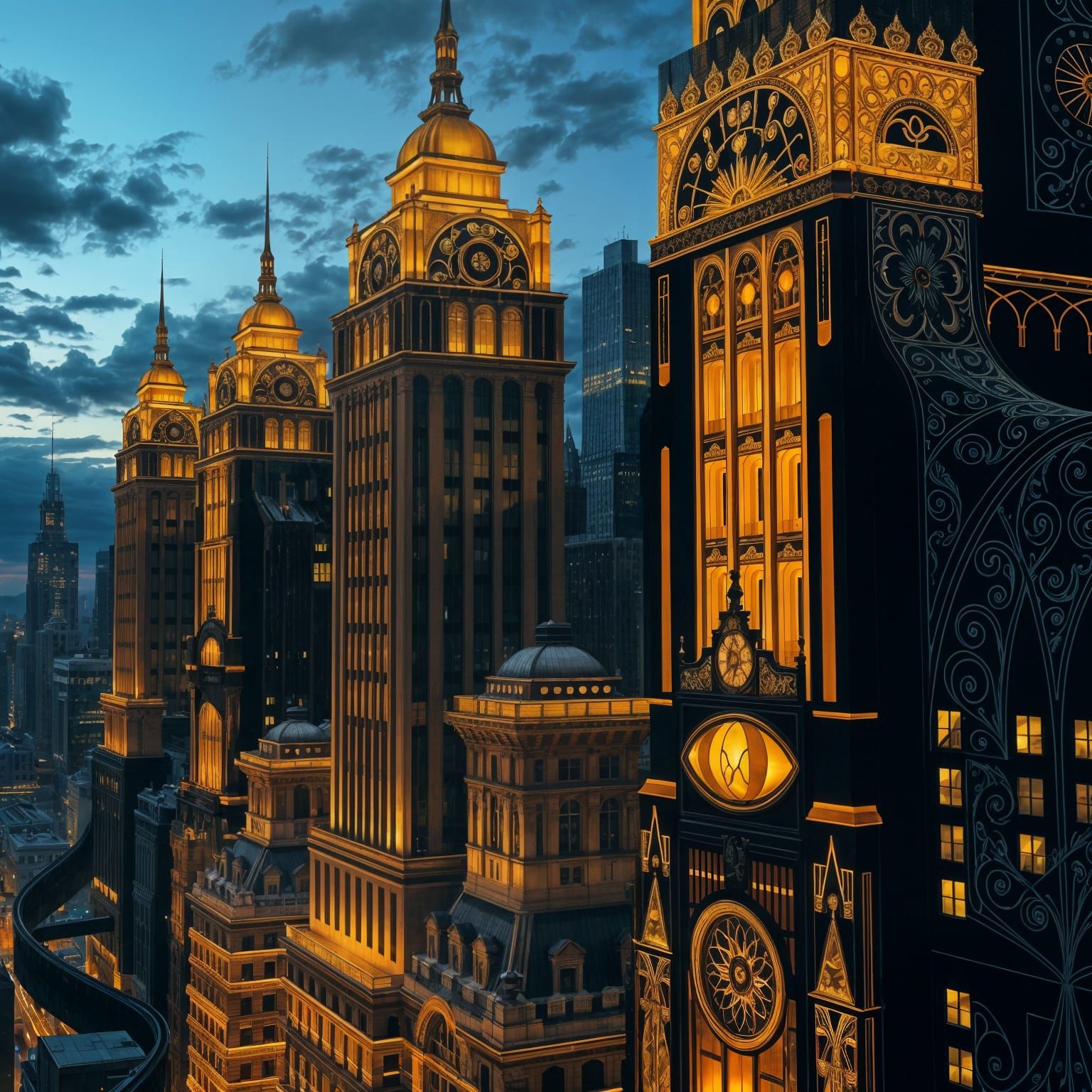 Art Deco Cityscape at Dusk in Gold and Black
