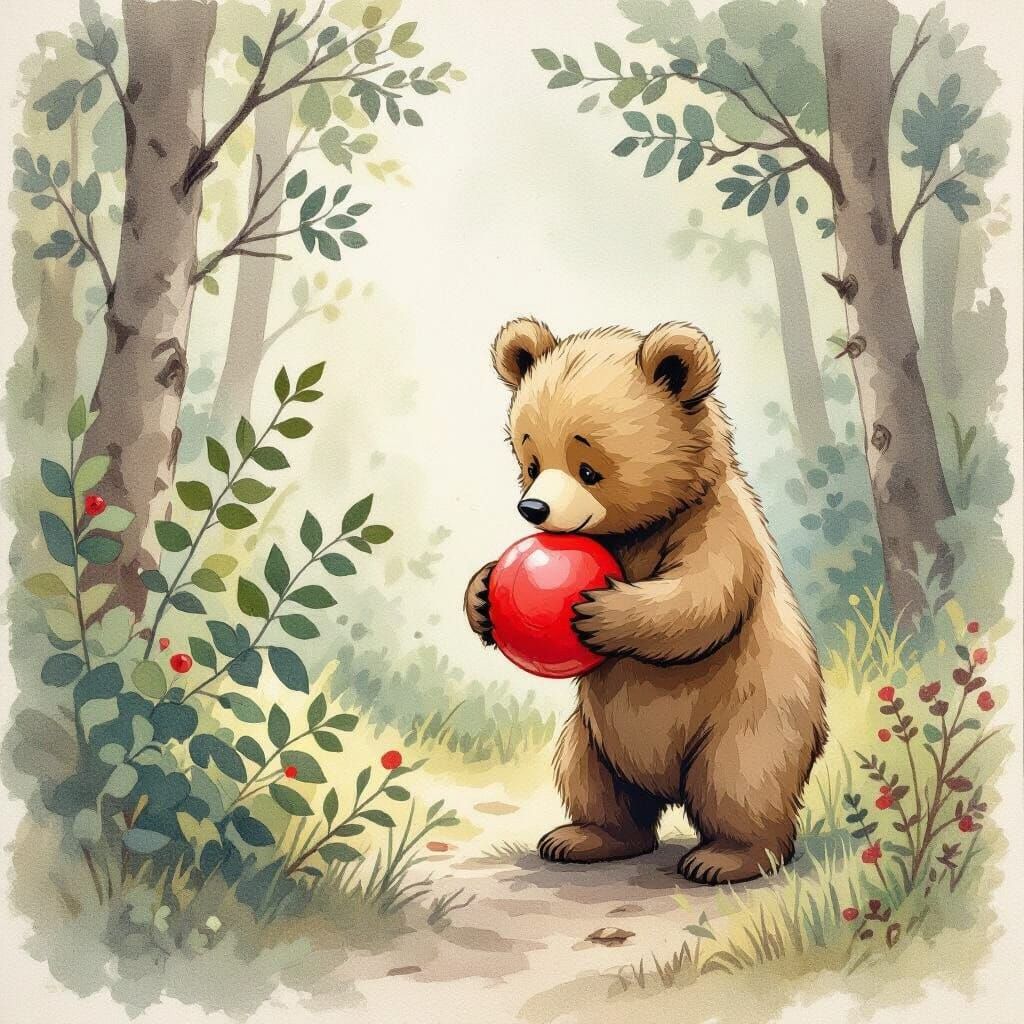 Sad Bear Searches for Red Ball in Forest