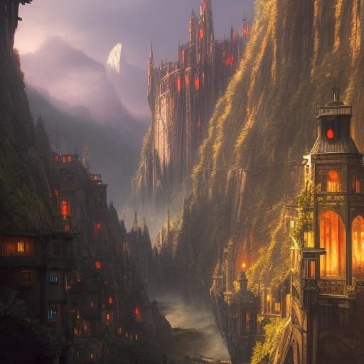 Majestic Dark Fantasy City in Deep Canyon